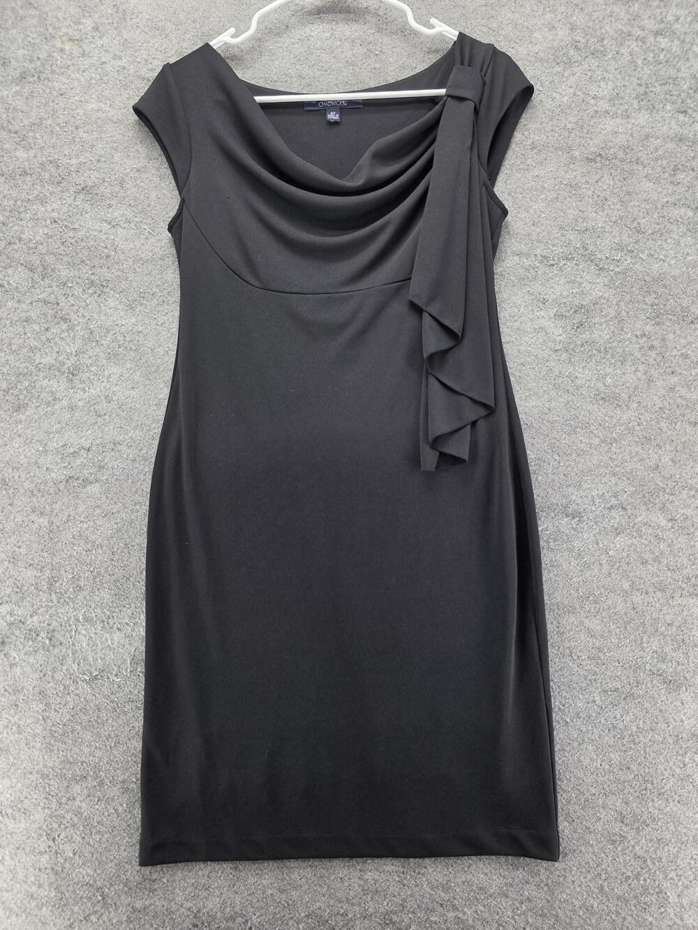 Chadwicks Dress Womens 6P Black Sheath Knee Length Cowl Neck Ruffle Stretch